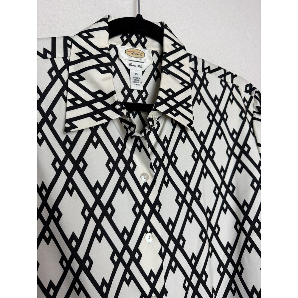 Talbots Silk Black White Geometric Diamond Long Sleeve Button Up Blouse Size 14 - Picture 4 of 11